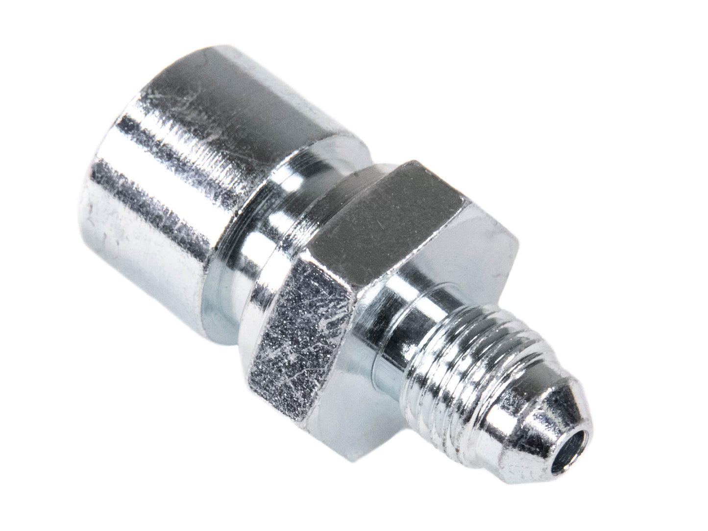 Brake Hardline Fitting, Male -3 AN to Female 7/16-24 female inverted flare, Steel, Zinc Plated, Each 650204 Fragola-Fragola-Motion Raceworks