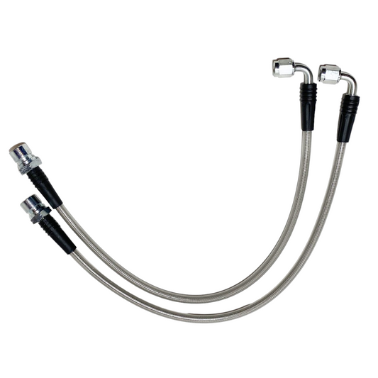 S550 & S650 Mustang Front Brake Line Kit +7" From Stock Length -03AN 90° Female on Caliper End, 010-0250-F3 - Motion Raceworks